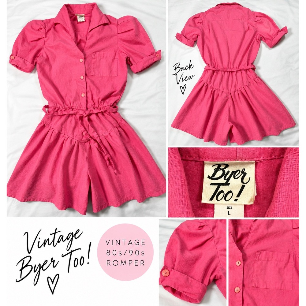 Vintage Byer Too! Pink Cotton Romper Button Front Puffed Sleeve 80s 90s Size 9 L